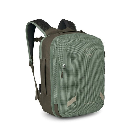 Green expandable travel backpack with front zip pocket and padded shoulder straps