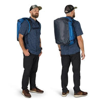Man wearing a blue backpack from front and back views on a white background