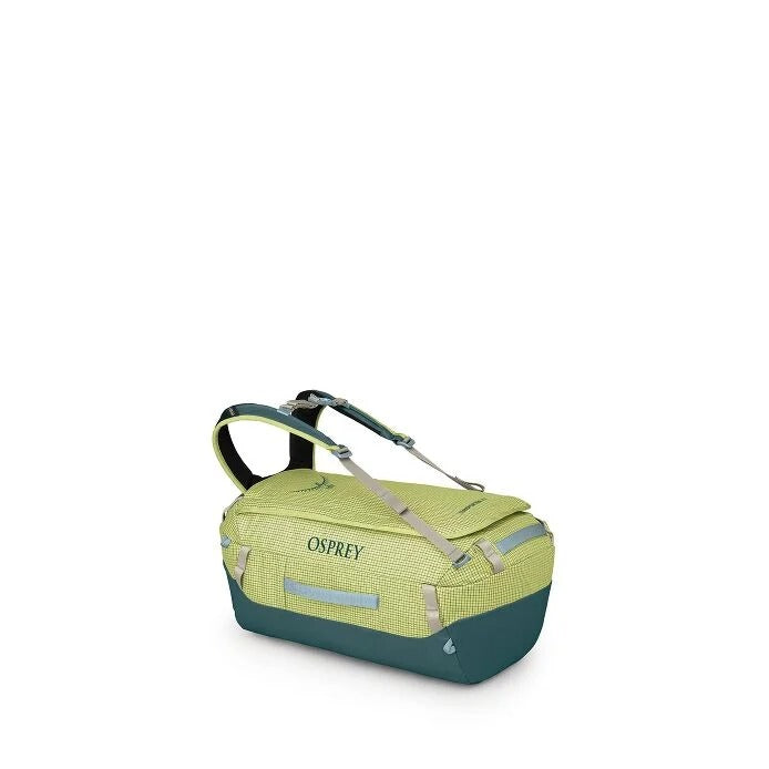 Green and teal duffel bag with OSPREY logo, top handle and carry straps