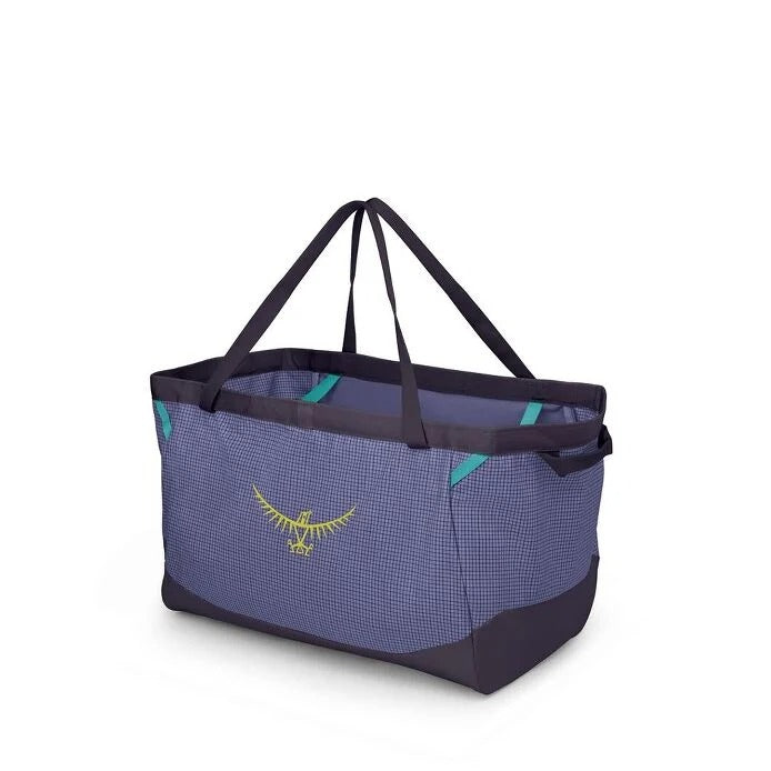 Blue tote bag with a brand logo on a white background