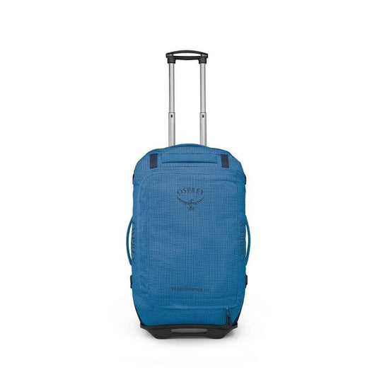 Blue rolling suitcase with Osprey logo on a white background