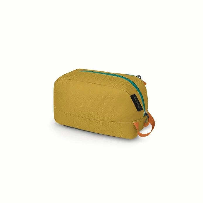 Yellow toiletry bag with a green zipper on a white background