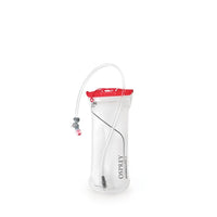 1.5L hydration reservoir with clear hose, red top, side view with bottom outlet