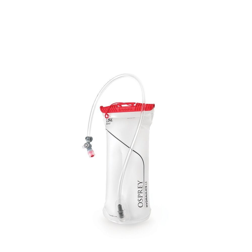 1.5L hydration reservoir with clear hose, red top, side view with bottom outlet