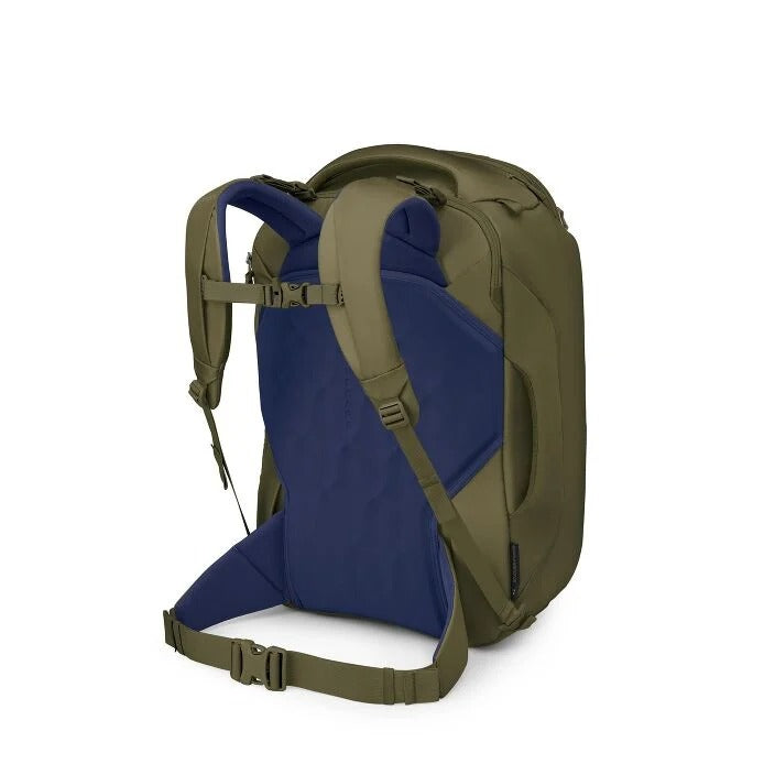 Olive green travel backpack with blue interior pocket and adjustable shoulder straps