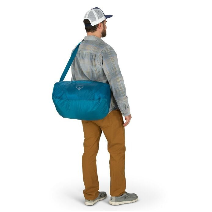 Ultralight stuff duffel bag, blue, rear view with OSPREY logo panel