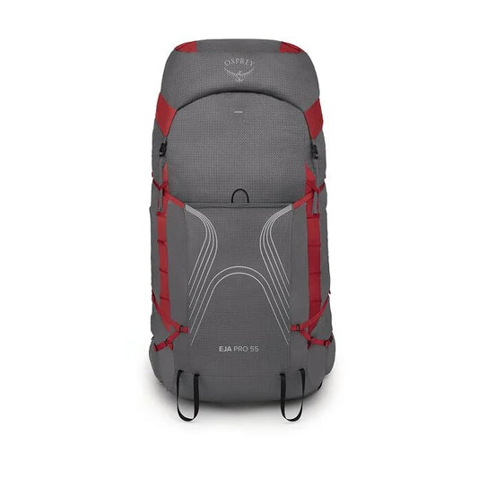 Gray and red Osprey backpack on a white background