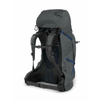 Gray hiking backpack with blue accents on a white background