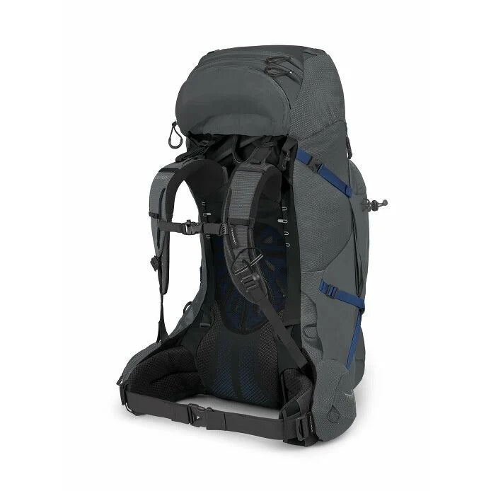 Gray hiking backpack with blue accents on a white background