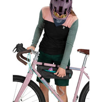 Person with a bicycle and a bag on a white background