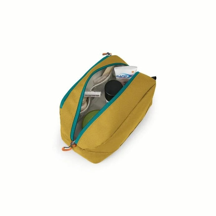 Yellow toiletry bag with teal zipper on a white background