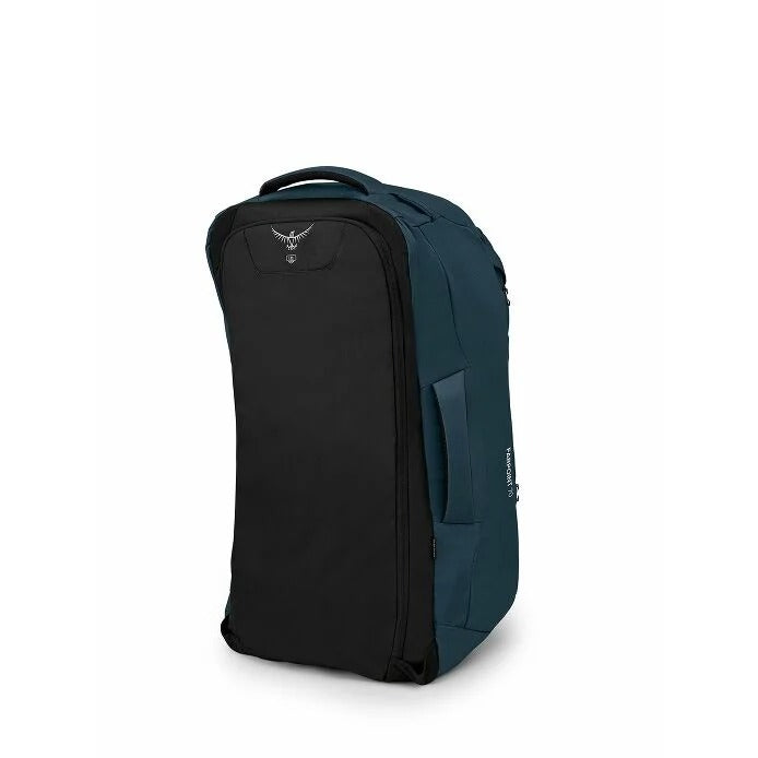 Teal and black backpack on a white background