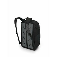 Black daypack backpack shown from the side with adjustable shoulder strap and side panel