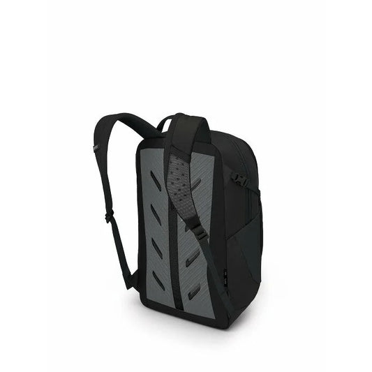 Black daypack backpack shown from the side with adjustable shoulder strap and side panel