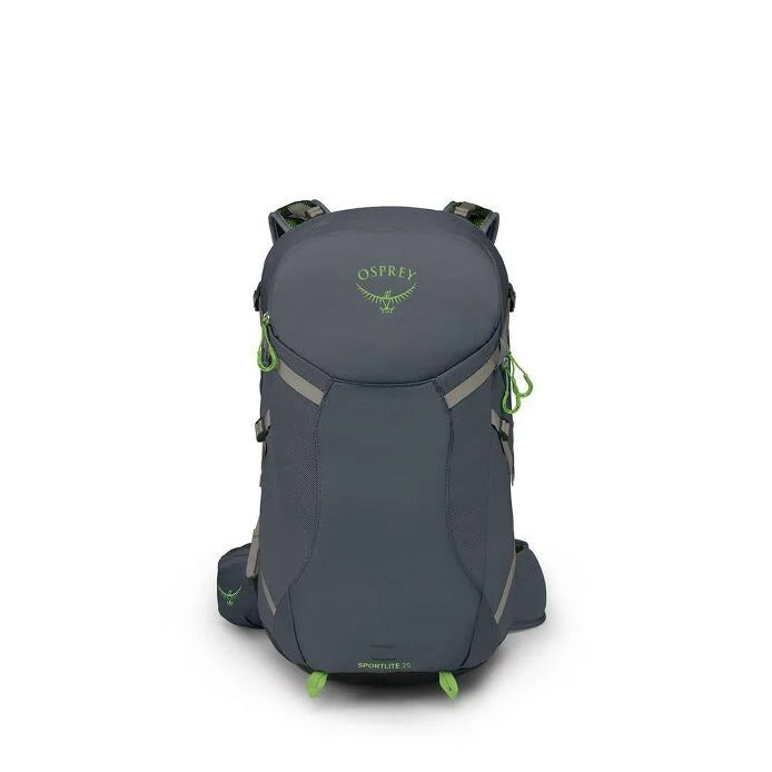 Gray Osprey backpack with green accents on a white background
