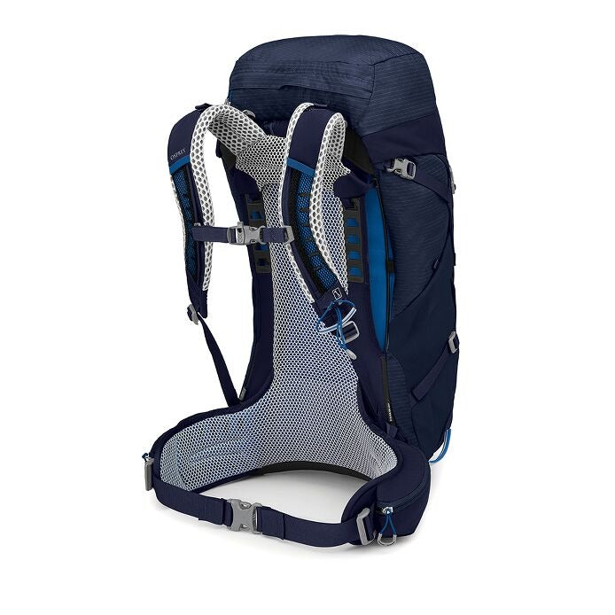 Navy blue backpack with a white background