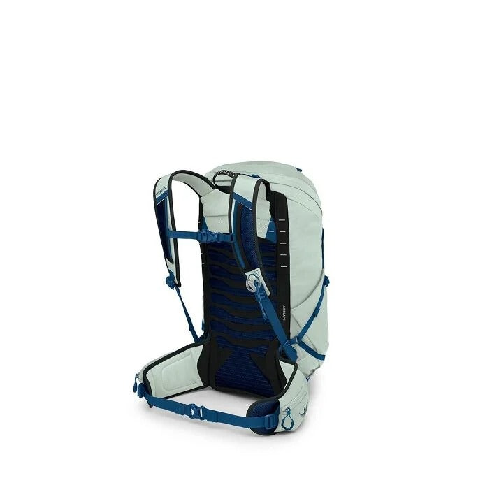 Light gray and blue backpack on a white background