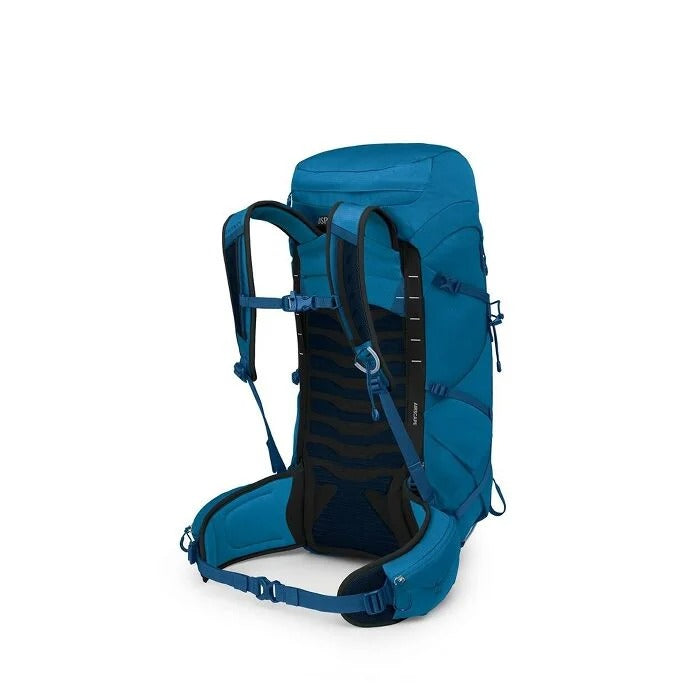 Blue hiking backpack on a white background