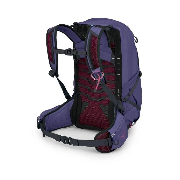 Purple and red backpack with visible brand logo on a white background