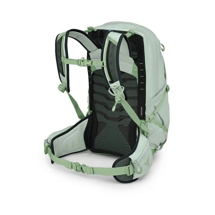 Light green backpack with black interior on a white background