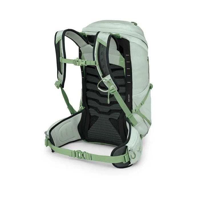 Light green backpack with black straps on a white background