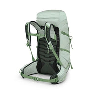 Light green hiking backpack with black straps on a white background