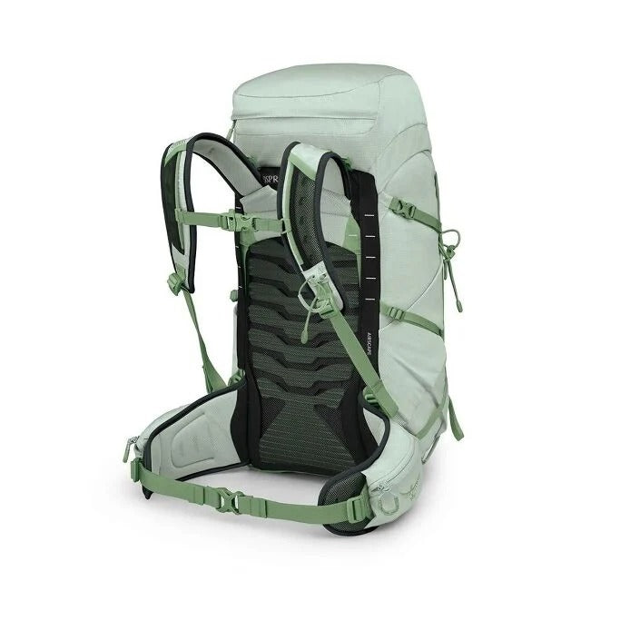 Light green hiking backpack with black straps on a white background