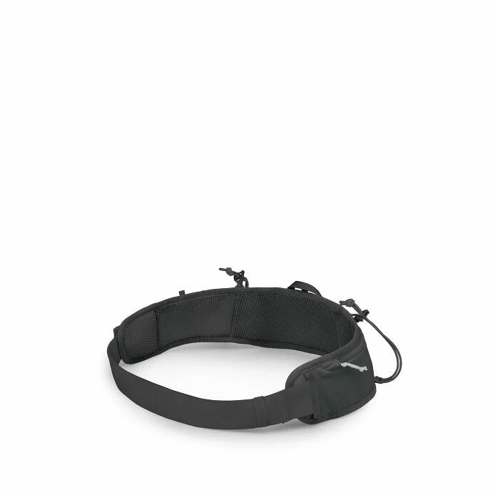 Black running belt side view with elastic bands and adjustable drawcord ties