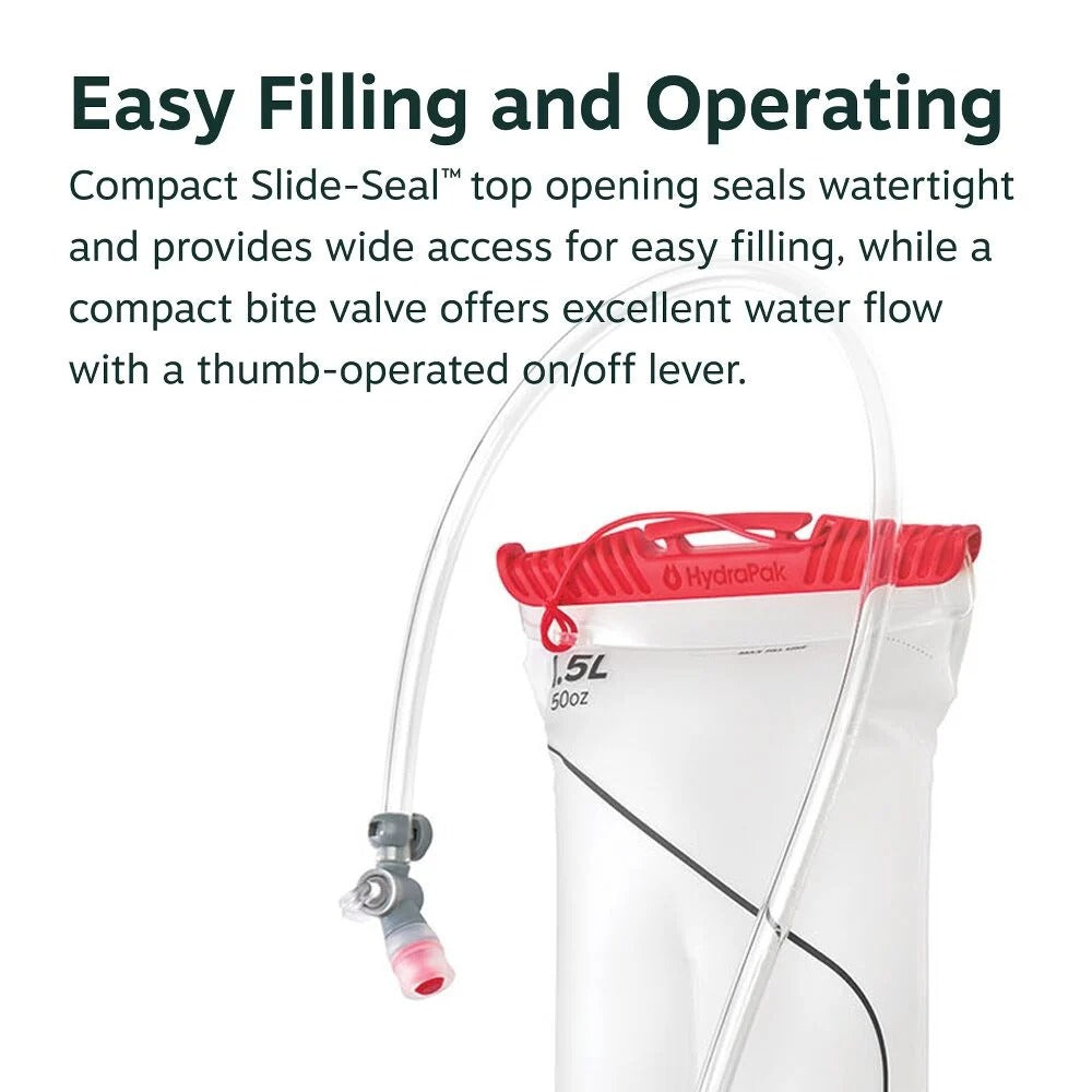 1.5L hydration reservoir with red bite valve and clear hose, white container