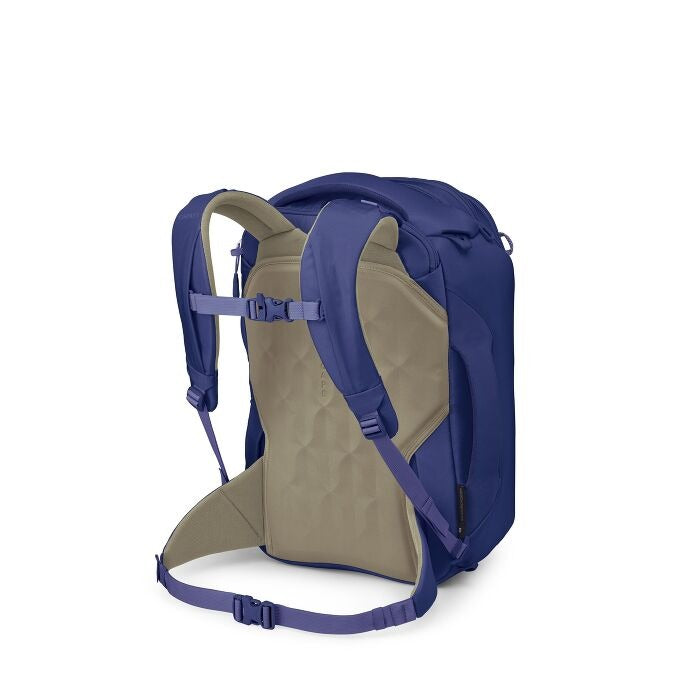 Blue travel backpack with beige inner panel and front storage area