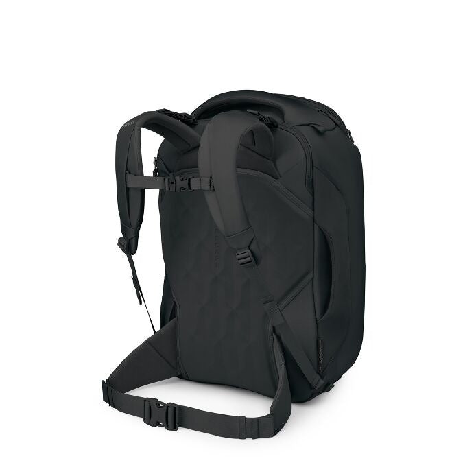 Black travel pack back view with adjustable shoulder straps and padded harness