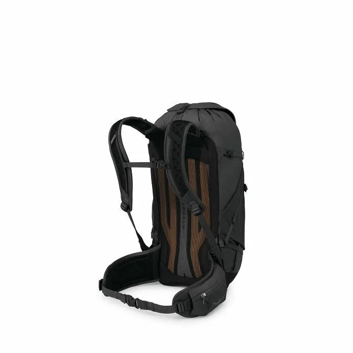 Black hiking backpack side view with adjustable straps and compact front pocket