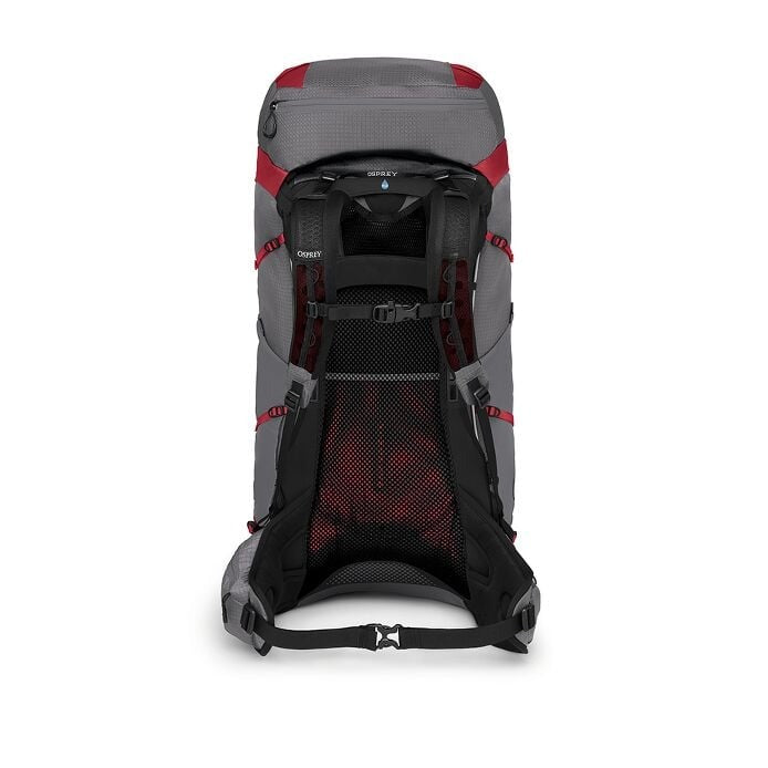 Gray and red backpack on a white background