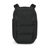 Black backpack with Osprey logo on a white background