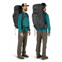 Man wearing a large hiking backpack from different angles on a white background
