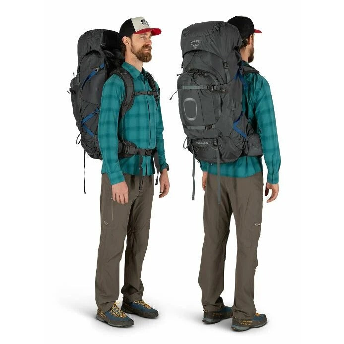 Man wearing a large hiking backpack from different angles on a white background