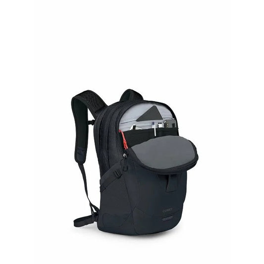 Black 30L backpack with front access pocket open and small gray organizer