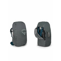 Gray backpack cover with Osprey logo on a white background