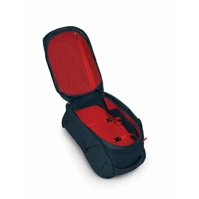 Open navy backpack with red interior on a white background