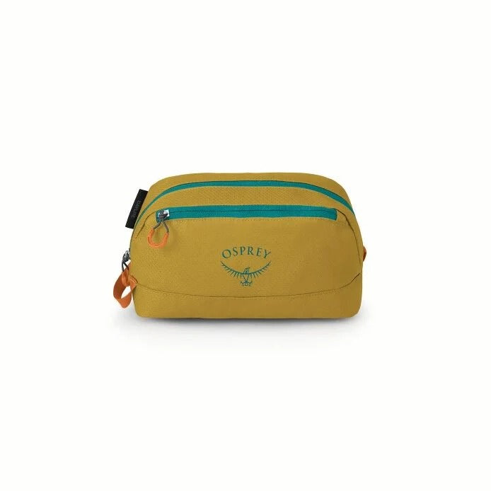 Yellow toiletry bag with green zipper and Osprey logo on a white background