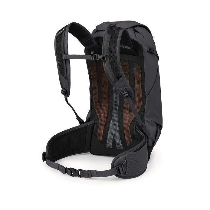 Raven Black hiking backpack back panel with mesh and adjustable harness straps
