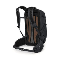 Black backpack with mesh back panel, side straps, and padded shoulder harness