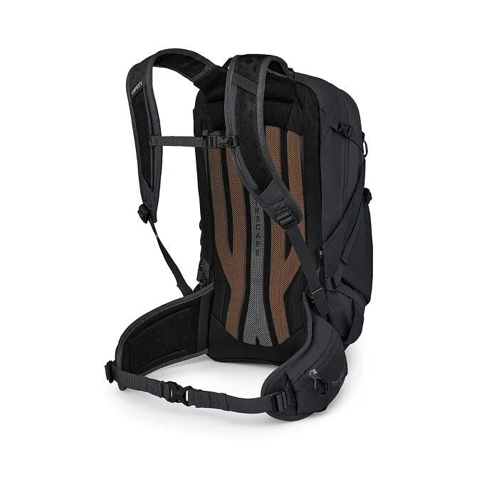 Black backpack with mesh back panel, side straps, and padded shoulder harness