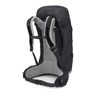 Black hiking backpack with mesh back panel on a white background