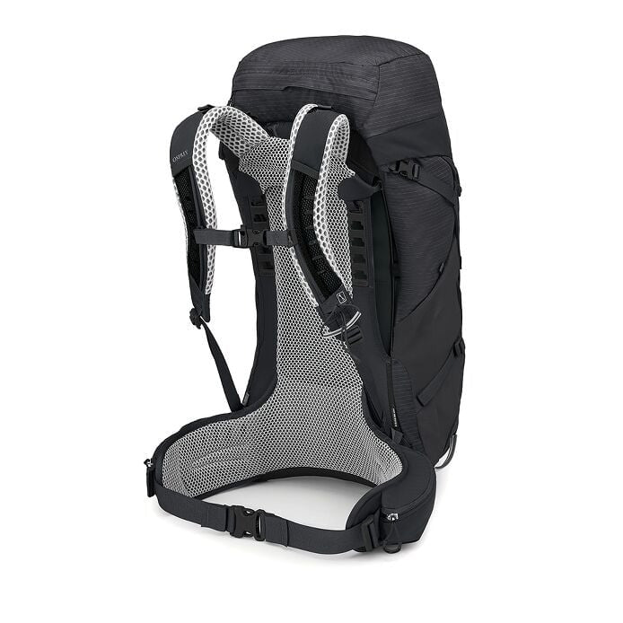 Black hiking backpack with mesh back panel on a white background