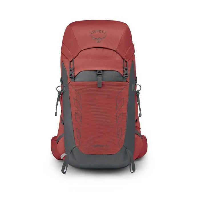 Red Osprey backpack on a white background
