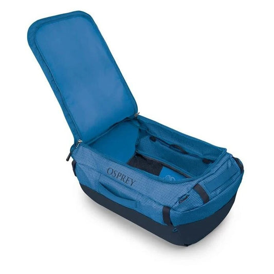 Blue Osprey travel bag on a white background
