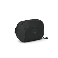 Ozone toiletry bag in black, zip-top round case with front Osprey logo and tag