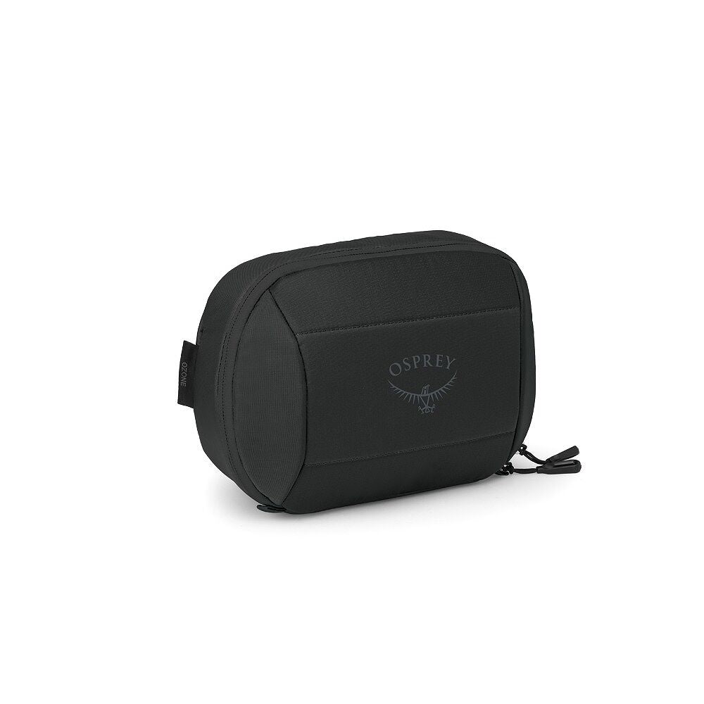 Ozone toiletry bag in black, zip-top round case with front Osprey logo and tag